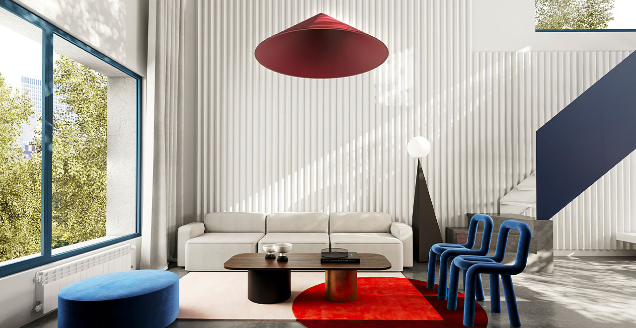 Modern living room design by Alexandru Ionita & Traian Dumbrava, featuring a white wall, red rug, and blue accents